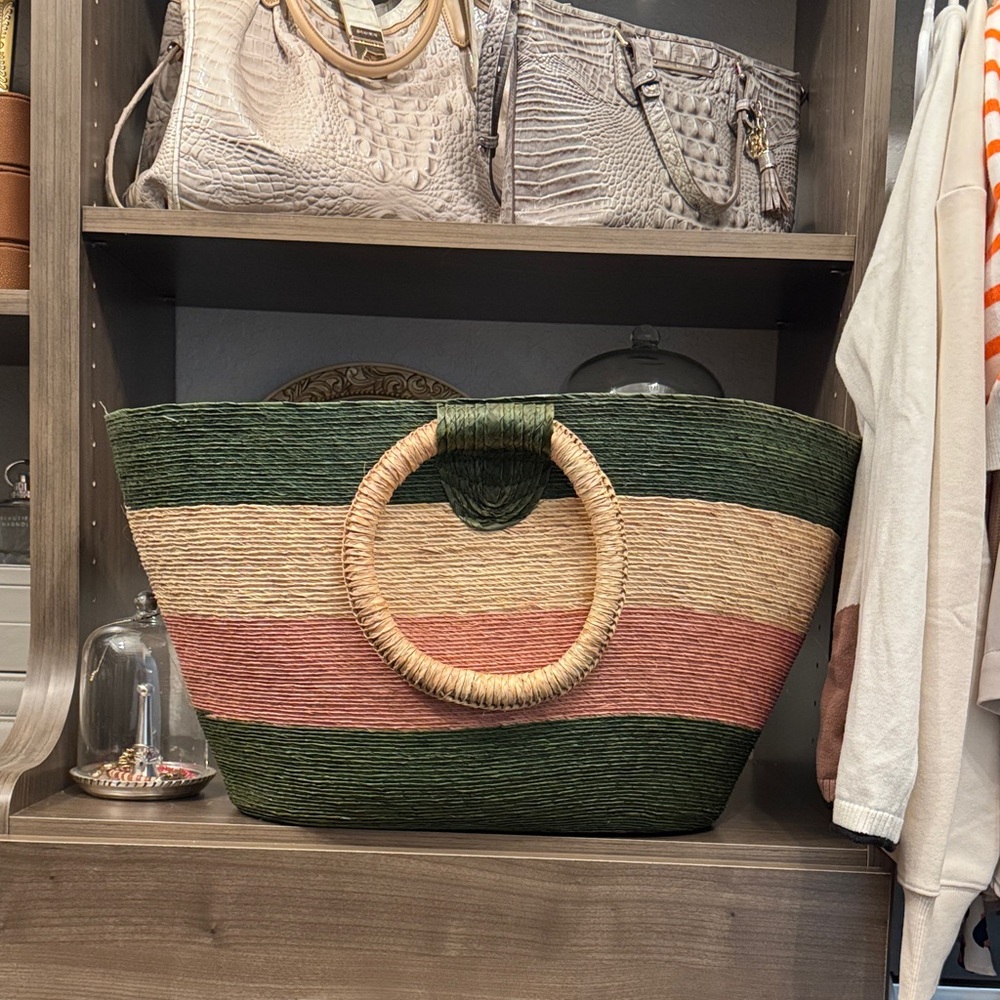 Striped Green and Pink Woven Tote Bag